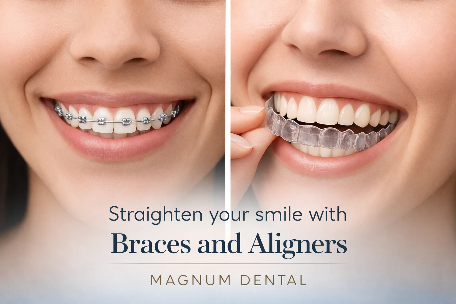 Braces and clear aligners for teeth alignment